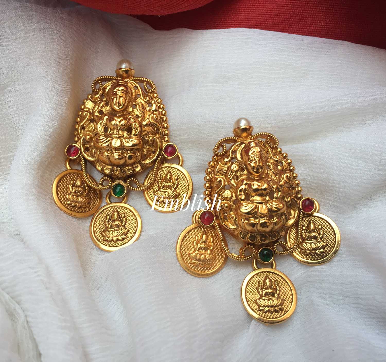 Antique Lakshmi triple coin dangler - Red